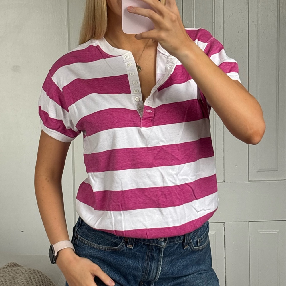 Cathy Daniels Pink and White Striped Henley Tee